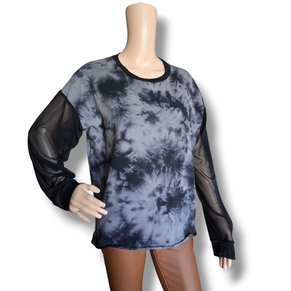 HOT TOPIC Ladies Gray & Black Mesh Sleeve Tie Dye Sweatshirt - Picture 13 of 16
